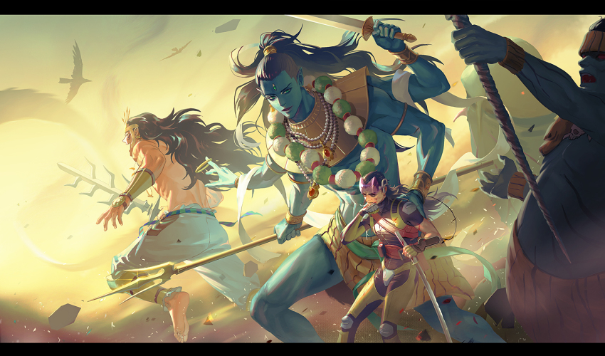 5boys aleph_(megami_tensei) animal_print armlet baal_zebul barefoot battle bead_necklace beads bird black_bodysuit black_border blood blood_on_clothes blood_on_face blue_skin bodysuit border bracelet claws colored_skin crotch_plate crown demon demon_boy extra_arms fat fighting_stance floating_hair flying gem gloves gorget green_eyes gun hand_on_own_face holding holding_staff holding_sword holding_polearm holding_weapon holstered jewelry knee_pads letterboxed light_particles long_hair looking_at_another male_focus mara_(megami_tensei) multiple_boys necklace o_c_x outdoors pants parted_lips pointy_ears polearm ponytail red_eyes red_gemstone red_skin ribbon running shin_megami_tensei shin_megami_tensei_ii shiva_(megami_tensei) shoulder_pads size_difference skirt skull_necklace staff standing sunlight susanoo_(megami_tensei) sword third_eye tiger_print tongue tongue_out trident visor_(armor) weapon white_pants white_ribbon wrist_computer yellow_skirt