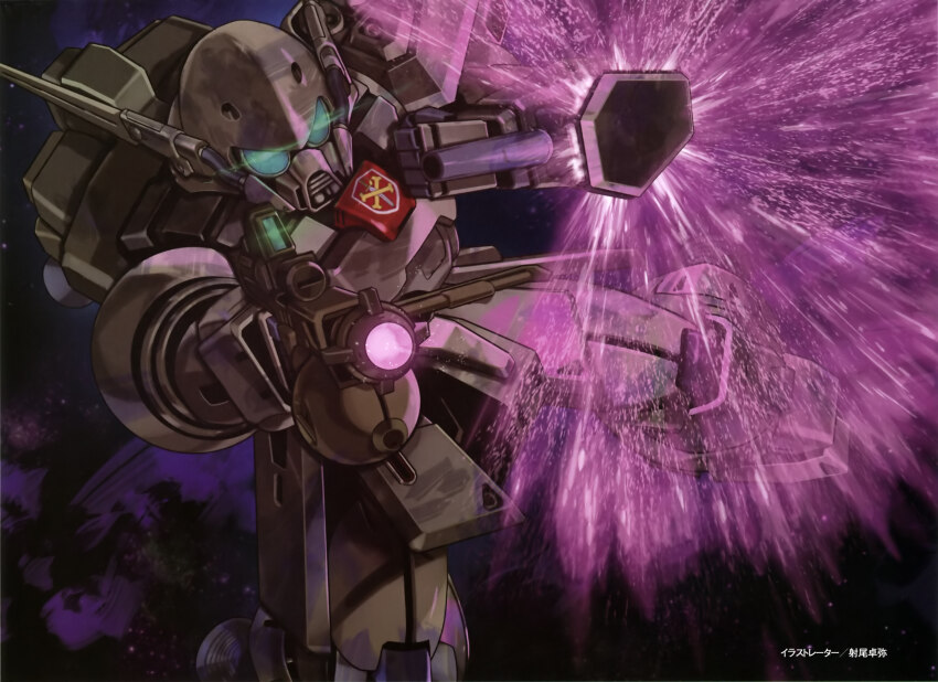 aiming aiming_at_viewer artist_request beam_rifle beam_shield crossbone_vanguard den&#039;an_gei energy_gun glowing gundam gundam_f91 gundam_perfect_file highres logo machinery mecha mecha_focus mobile_suit nebula no_humans realistic robot science_fiction space weapon