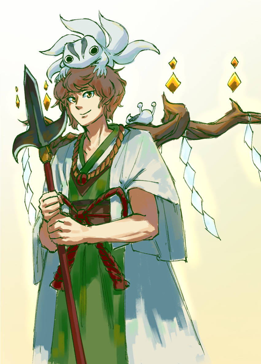 1other androgynous animal animal_on_head azuma_kaisen azuma_kaisen_(frog) blue_cloak brown_eyes brown_hair cloak closed_mouth commentary cowboy_shot english_text frog gradient_background green_kimono highres holding holding_polearm holding_weapon japanese_clothes kesa_kujiru kesa_kujiru_(slug) kimono len&#039;en obi ogata_garaiya on_head other_focus polearm sash shide short_hair simple_background slug smile speargsun weapon