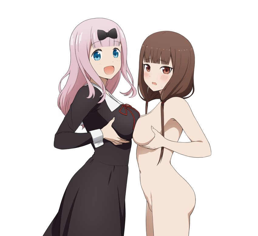2girls :d absurdres asymmetrical_docking black_bow black_dress blue_eyes blunt_bangs bow breast_press breasts brown_eyes brown_hair coro_fae dress fujiwara_chika grabbing_own_breast hair_bow highres iino_miko kaguya-sama_wa_kokurasetai_~tensai-tachi_no_renai_zunousen~ large_breasts long_hair looking_at_viewer low_twintails medium_breasts multiple_girls navel nude open_mouth pink_hair red_ribbon ribbon school_uniform shuuchiin_academy_school_uniform simple_background smile twintails white_background