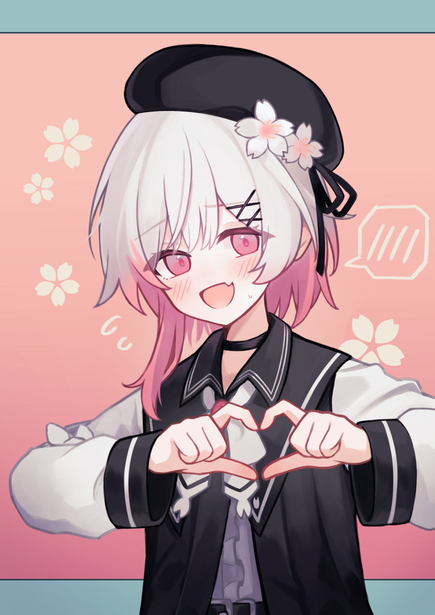 1girl :d absurdres black_choker black_hat black_jacket choker fang flower four-finger_heart_hands gradient_hair hair_flower hair_ornament hat heart heart_hands highres hizikata398 jacket long_hair long_sleeves looking_at_viewer mahou_shoujo_no_majo_saiban multicolored_hair open_mouth pink_eyes pink_hair sakuraba_ema skin_fang smile solo speech_bubble spoken_blush two-tone_hair upper_body white_hair x_hair_ornament