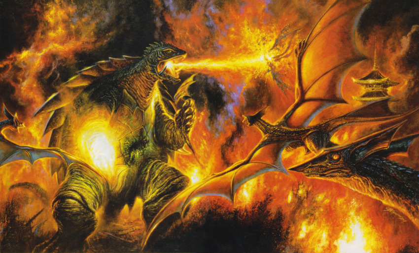 amputee apocalypse banishing_fist banishing_sword battle battle_damage bleeding blood bob_eggleton breath_weapon breathing_fire buddhism buddhist_temple city colored_blood daiei_film damaged death destruction elemental_(creature) emaciated energy energy_arm energy_beam energy_fist epic explosion fire fire_elemental flying gamera gamera_(series) gamera_3:_revenge_of_iris giant giant_monster glowing glowing_fist glowing_hand green_blood green_eyes gyaos hyper_gyaos injury japan kaiju kyoto monster mouth_beam multiple_persona muscular oil_painting_(medium) pagoda painting_(medium) plasma post-apocalypse prosthesis prosthetic_arm real_world_location ribs smoke tail temple to-ji_(temple) tower traditional_media turtle tusks war