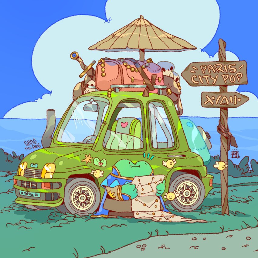 1boy albabg artist_logo bag blue_sky bush car cloud cloudy_sky commentary creature day duffel_bag english_commentary exhaust_pipe foliage frog frog_boy grass green_car highres holding holding_map logo map motor_vehicle original outdoors road sign skull sky solo standing suitcase sword weapon