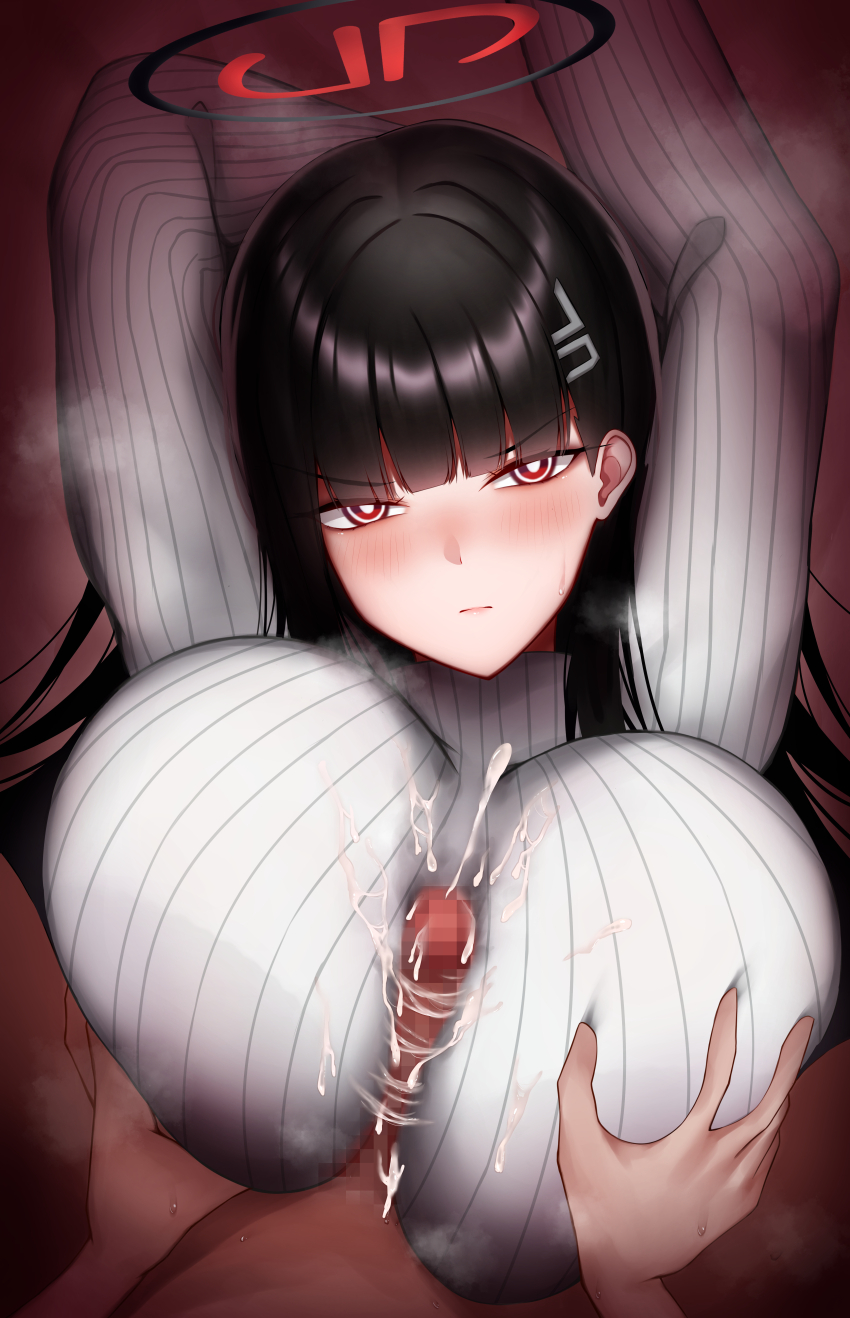 1boy 1girl absurdres arms_up black_hair blue_archive blunt_bangs blush breasts censored commission cum ejaculation erection glaring groping hair_ornament hairclip halo hetero highres large_breasts long_hair looking_at_viewer medaka_teacher mosaic_censoring paizuri penis pov red_eyes ribbed_sweater ringed_eyes rio_(blue_archive) skeb_commission sweat sweater turtleneck turtleneck_sweater variant_set white_sweater