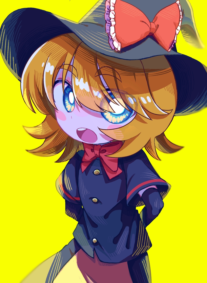1girl absurdres apron arms_behind_back black_gloves black_hat black_shirt black_skirt blonde_hair blue_eyes blush_stickers bow bowtie bright_pupils brown_apron buttons commentary_request cookie_(touhou) cowboy_shot elbow_gloves gloves hat hat_bow highres kirisame_marisa looking_at_viewer meguru_(cookie) melanin_shikiso open_mouth red_bow red_bowtie shirt short_hair simple_background skirt skirt_set solo touhou waist_apron white_pupils witch_hat yellow_background