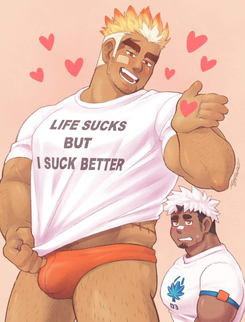 2boys akiha_gongen_(housamo) bandaid bandaid_on_cheek bandaid_on_face bandaid_on_nose bara black_hair blonde_hair blush bulge burn_scar commentary cowboy_shot dark-skinned_male dark_skin english_commentary facial_hair goatee heart highres horns large_pectorals looking_at_another loving_aura male_focus male_swimwear multicolored_hair multiple_boys muscular muscular_male mystar21 nervous_sweating open_mouth orange_male_swimwear pectorals pink_background scar scar_on_face scar_on_hip shirt short_hair sideburns_stubble signature simple_background single_horn sparse_arm_hair sparse_leg_hair stubble sweat tight_clothes tight_shirt tokyo_houkago_summoners two-tone_hair ulaanbaatar_(housamo) undercut veins veiny_arms white_hair white_shirt