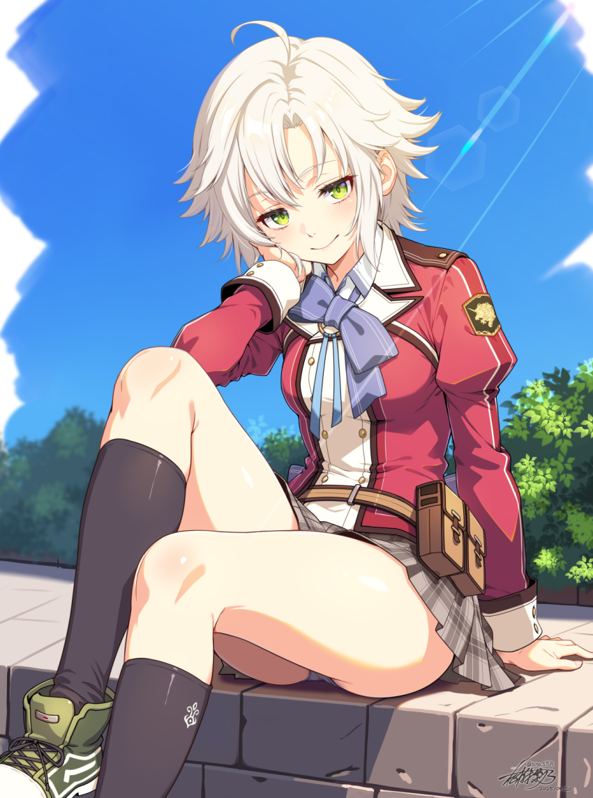 1girl ahoge ass belt_pouch blue_sky bow bowtie breasts curtained_hair eiyuu_densetsu fie_claussell green_eyes highres juliet_sleeves kneehighs light_rays long_sleeves looking_at_viewer masaki_shino outdoors panties parted_bangs pouch puffy_sleeves school_uniform sen_no_kiseki_(series) sen_no_kiseki_i shoes short_hair sitting sitting_on_wall skirt sky small_breasts smile sneakers socks sunbeam sunlight thighs thors_military_academy_class_vii_uniform tree underwear