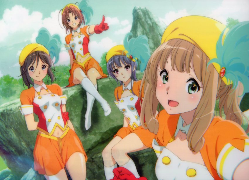 4girls absurdres band_uniform beret black_hair blonde_hair blue_eyes blue_hair blue_sky blush boots brown_hair closed_mouth cloud collared_shirt green_eyes hat hibike!_euphonium high_heel_boots high_heels highres ikeda_shouko kasaki_nozomi knee_boots long_hair looking_at_viewer mountain multiple_girls nakagawa_natsuki official_art open_mouth orange_skirt outdoors ponytail purple_eyes red_eyes scan shirt short_sleeves sitting skirt sky smile tree white_shirt yellow_headwear yoroizuka_mizore yoshikawa_yuuko