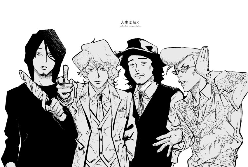 4boys adjusting_hair aiming aiming_at_viewer bags_under_eyes chain chain_necklace character_request cheekbones clenched_teeth closed_mouth copyright_name facial_hair fedora finger_gun goatee greyscale half-closed_eyes hand_in_pocket hand_on_headwear hand_up hat highres holding holding_knife jacket jewelry knife life_goes_on_~jinsei_wa_tsuzuku~ light_smile long_hair long_sleeves looking_at_viewer loose_hair_strand male_focus monochrome multiple_boys mustache napoli_no_otokotachi necklace necktie old old_man open_clothes open_jacket parted_lips pompadour q-gou_(no_nine_84) serious short_hair simple_background sunglasses teeth suit v-shaped_eyebrows vest wavy_hair yakuza