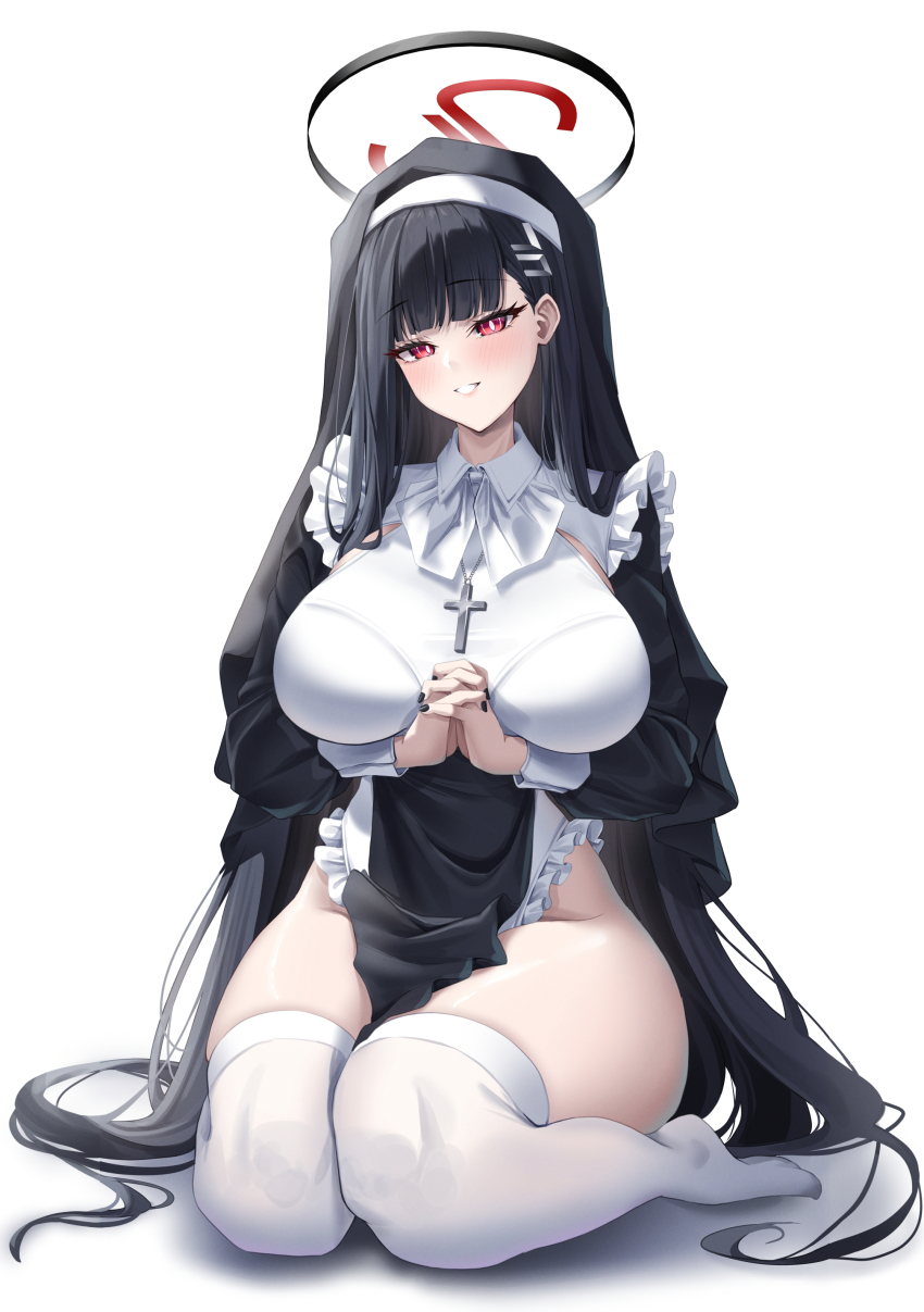1girl absurdres alternate_costume black_dress black_hair black_nails blue_archive blush breasts bright_pupils coif commentary_request cross cross_necklace dress fingernails grin hair_ornament hairclip halo highres jewelry juliet_sleeves lancheu large_breasts long_fingernails long_hair long_sleeves looking_at_viewer necklace no_shoes nun own_hands_clasped own_hands_together pelvic_curtain puffy_sleeves red_eyes rio_(blue_archive) seiza simple_background sitting smile solo thighhighs very_long_hair white_background white_pupils white_thighhighs