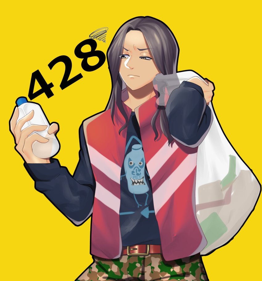 1boy 428_shibuya_scramble belt black_shirt brown_hair camouflage camouflage_pants endou_achi eyes_visible_through_hair highres honou jacket medium_hair pants plastic_bottle red_jacket shirt simple_background sleeveless sleeveless_jacket title trash_bag yellow_background