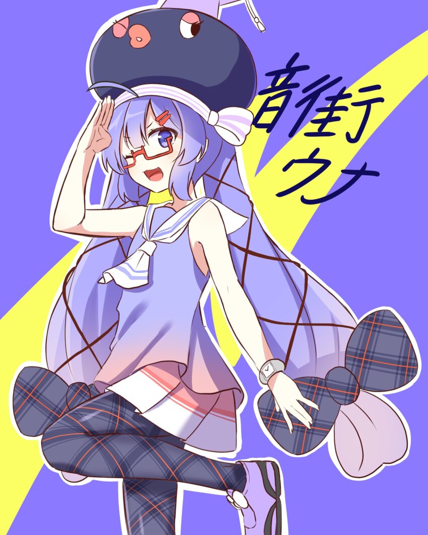 1girl :3 ;d ahoge animal_hat ascot black_pantyhose black_ribbon blue_eyes blue_hair blue_shirt blue_shoes blunt_bangs chaakusu character_name eel_hat fang footwear_ribbon glasses gradient_clothes gradient_shirt hair_between_eyes hair_ornament hair_ribbon hairclip hand_up hat hat_ribbon highres long_hair low-tied_long_hair low_twintails mortarboard multicolored_ribbon multicolored_skirt one_eye_closed open_mouth otomachi_una otomachi_una_(talkex) pantyhose pink_skirt plaid_pantyhose plaid_ribbon pleated_skirt red-framed_eyewear ribbon sailor_collar sailor_shirt salute semi-rimless_eyewear shirt shoes skirt sleeveless sleeveless_shirt smile solo standing standing_on_one_leg talkex tress_ribbon twintails two-tone_background two-tone_ribbon under-rim_eyewear v-shaped_eyebrows very_long_hair voiceroid watch white_ascot white_ribbon white_sailor_collar white_skirt wristwatch