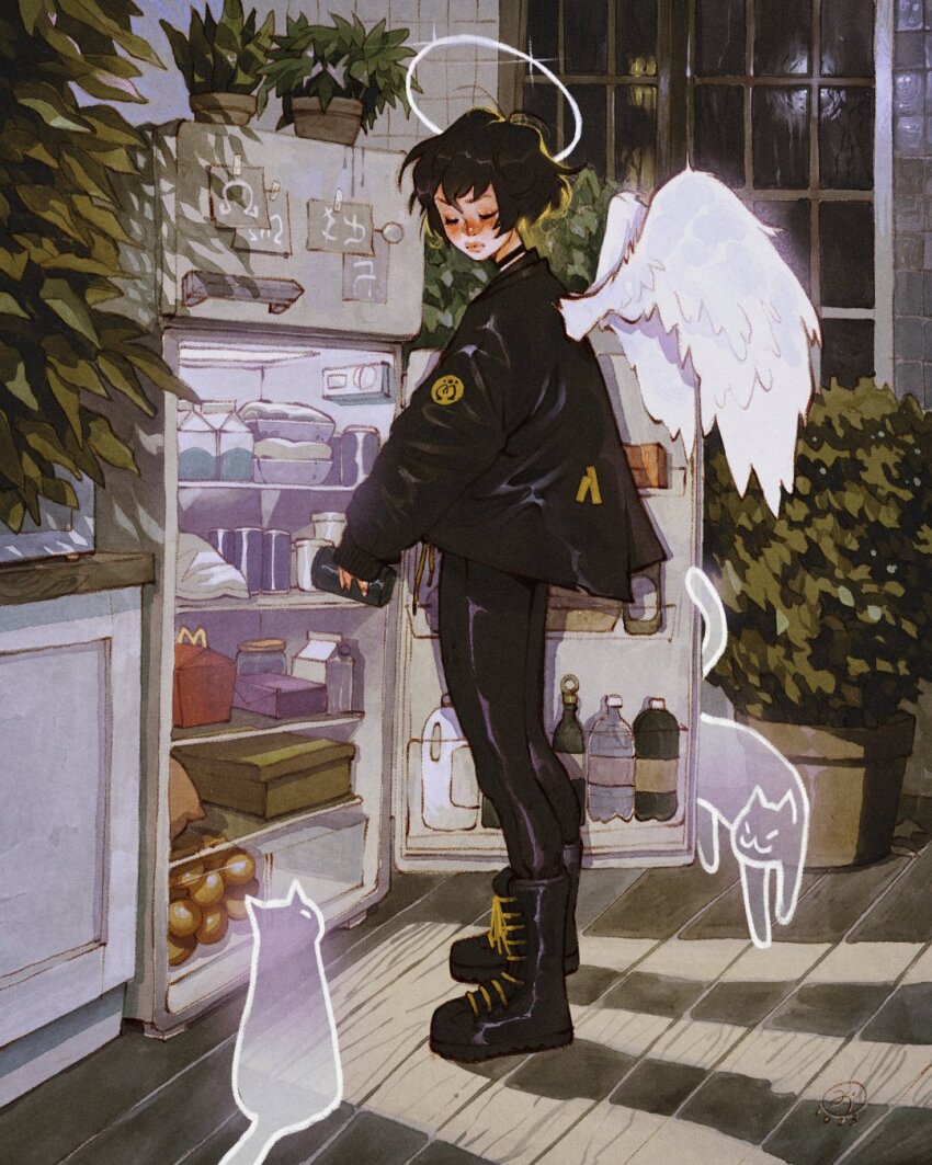 1girl angel_wings artist_logo black_boots black_choker black_coat black_hair black_pants blush boots box can cat choker closed_eyes closed_mouth coat dated facing_to_the_side food fruit full_body ghost halo halo_behind_head happy_meal highres holding holding_can indoors jar jug_(bottle) logo magnet medium_hair night night_sky original pants plant potted_plant refrigerator refrigerator_interior refrigerator_magnet shadow simz sky soda_bottle solo standing tile_wall tiles white_wings window wings wooden_floor