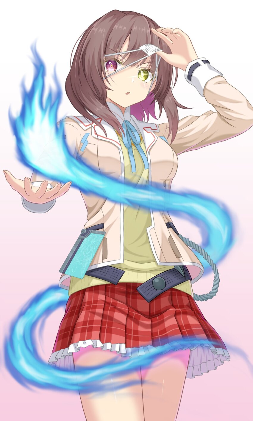 1girl blue_ribbon brown_hair eyepatch ghost heaven_burns_red heterochromia highres hiiragi_kozue jacket long_sleeves medium_hair mochimugi_rice open_mouth plaid_clothes plaid_skirt purple_eyes red_skirt ribbon skirt solo yellow_eyes