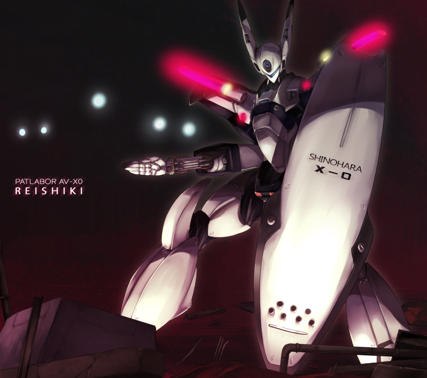 av-xo_type_zero bad_id bad_pixiv_id character_name debris fukai_ryosuke highres kidou_keisatsu_patlabor mecha no_humans police robot shield