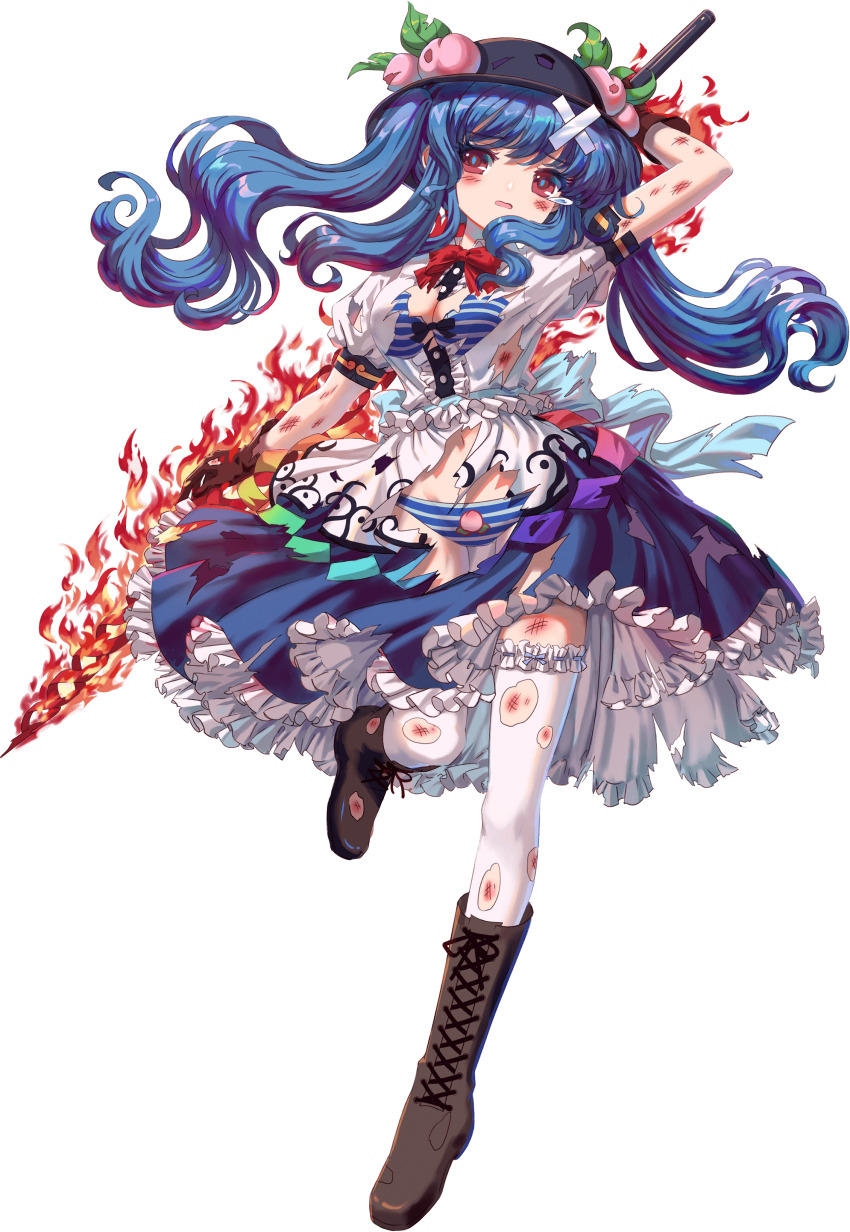 1girl absurdres apron black_hat black_ribbon blue_bra blue_hair blue_panties blue_ribbon blue_skirt boots bra breasts brown_boots brown_gloves cleavage crossed_bandaids fire food_print frilled_skirt frilled_thighhighs frills fruit_print game_cg gloves gluteal_fold groin hat highres hinanawi_tenshi holding holding_sword holding_weapon injury kumio long_hair navel non-web_source panties peach_hat_ornament peach_print puffy_short_sleeves puffy_sleeves red_eyes red_ribbon ribbon shirt short_sleeves skirt striped_bra striped_clothes striped_panties sword sword_of_hisou tachi-e teardrop thighhighs torn_apron torn_boots torn_bra torn_clothes torn_footwear torn_hat torn_shirt torn_skirt torn_thighhighs touhou touhou_blooming_chaos underwear weapon white_apron white_bra white_panties white_shirt white_thighhighs