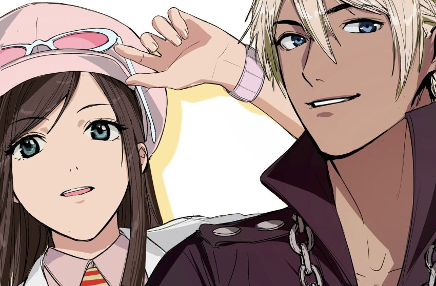 1boy 1girl ace_attorney ace_attorney_investigations aged_down amikoiiko apollo_justice:_ace_attorney blonde_hair blue_eyes brown_hair chain chain_necklace dress_shirt drop_shadow ema_skye eyewear_on_head fingernails hand_up hat highres jewelry klavier_gavin lab_coat long_hair looking_at_viewer looking_to_the_side mismatched_eyebrows necklace necktie newsboy_cap pink-tinted_eyewear pink_hat pink_shirt popped_collar portrait purple_shirt red_necktie round_eyewear shirt short_hair simple_background smile sternocleidomastoid_muscle striped_necktie sunglasses tinted_eyewear two-tone_necktie watch white-framed_eyewear white_background wristwatch yellow_necktie