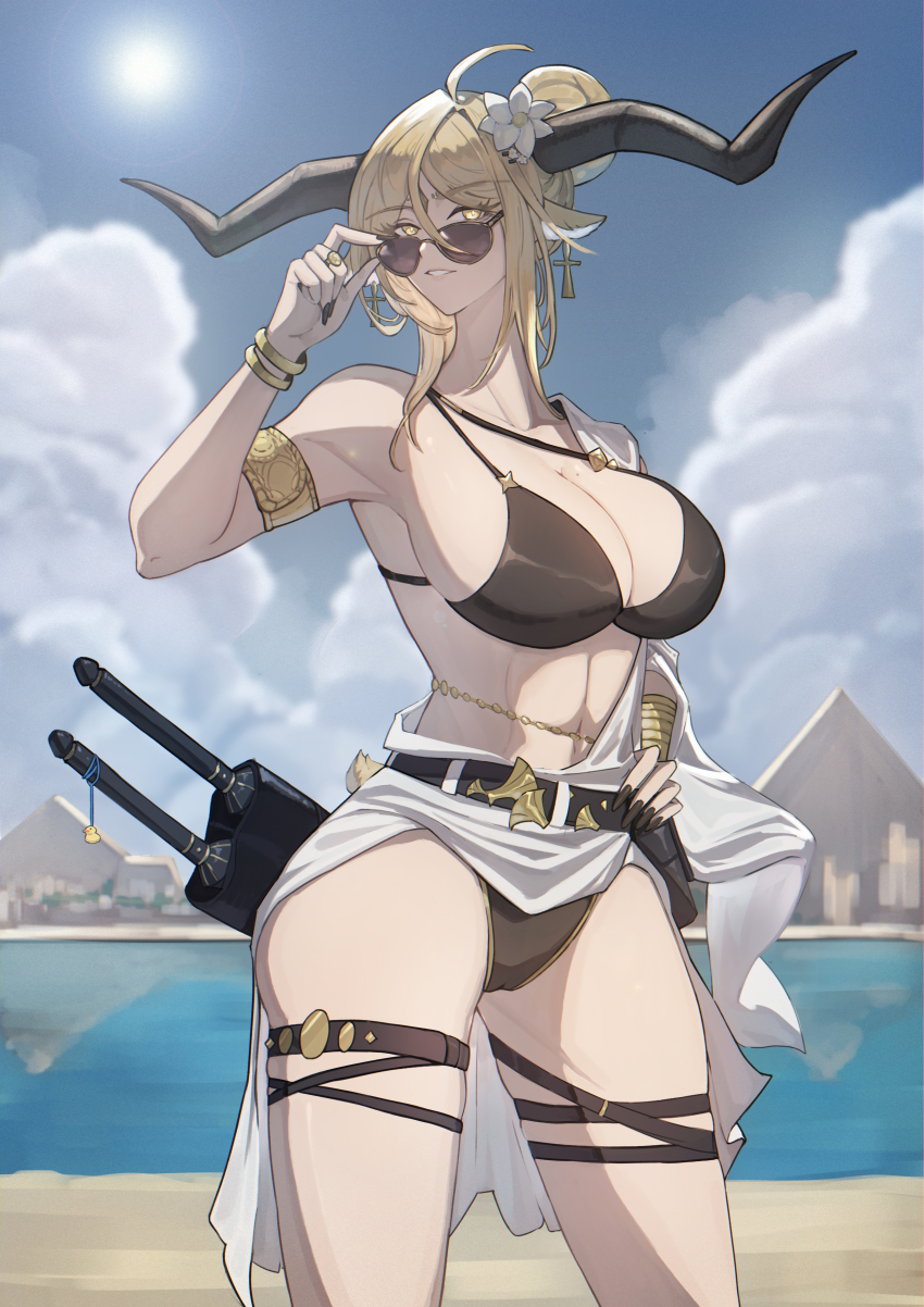 1girl absurdres animal_ears arknights armlet bangle belt bikini black_bikini black_nails blonde_hair bracelet breasts cameltoe cleavage degenbrecher_(arknights) glasses goat_ears goat_girl goat_horns hair_between_eyes highres horns jewelry long_hair nail_polish one-piece_swimsuit outdoors ring solo swimsuit thigh_belt thigh_strap xiahou_xiansheng yellow_eyes