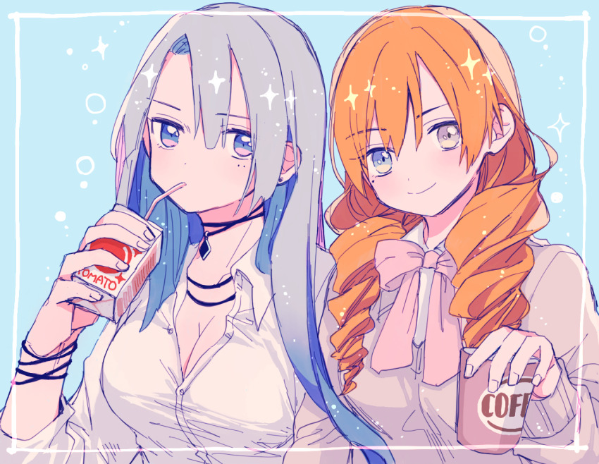 2girls amane_(7783) black_choker blue_eyes blue_hair bow bowtie breasts choker cleavage closed_mouth collared_shirt commentary_request dress_shirt drill_hair drinking_straw drinking_straw_in_mouth grey_eyes grey_sweater heterochromia holding_carton large_breasts long_hair looking_at_viewer mole mole_under_eye multiple_girls multiple_moles orange_hair original pink_bow pink_bowtie school_uniform shirt sweater three-quarter_sleeves twin_drills white_shirt