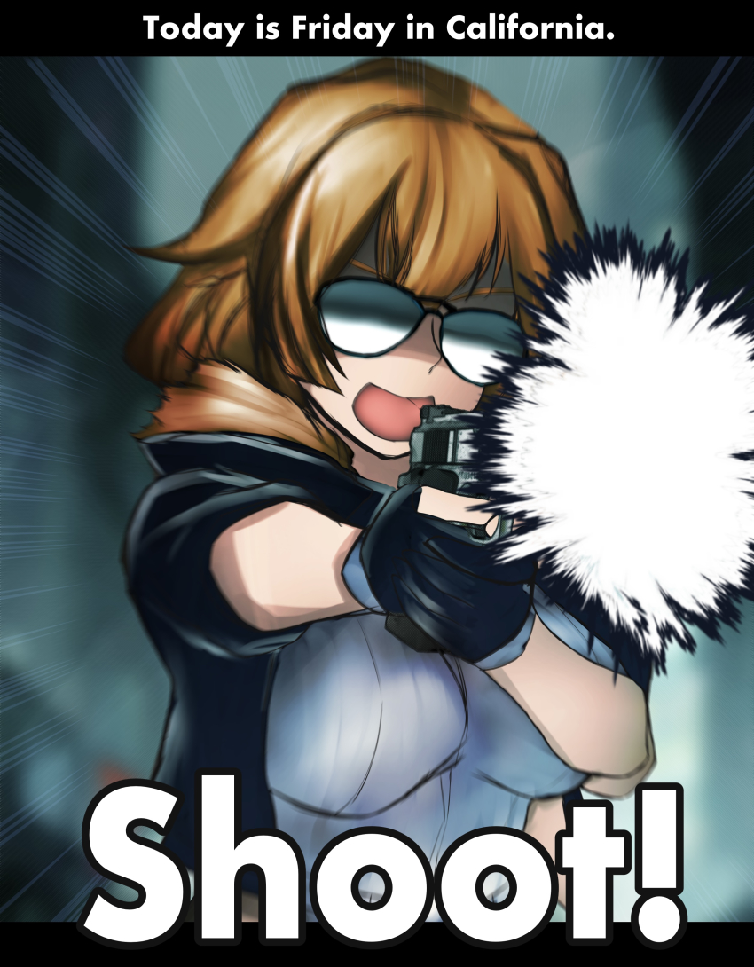 1girl absurdres aviator_sunglasses brown_hair english_text finger_on_trigger fingerless_gloves firing girls&#039;_frontline gloves grizzly_mkv_(girls&#039;_frontline) gun handgun highres holding holding_gun holding_weapon jacket lar_grizzly_win_mag meimushi meme ninja_sentai_kakuranger open_mouth parody solo sunglasses super_sentai weapon