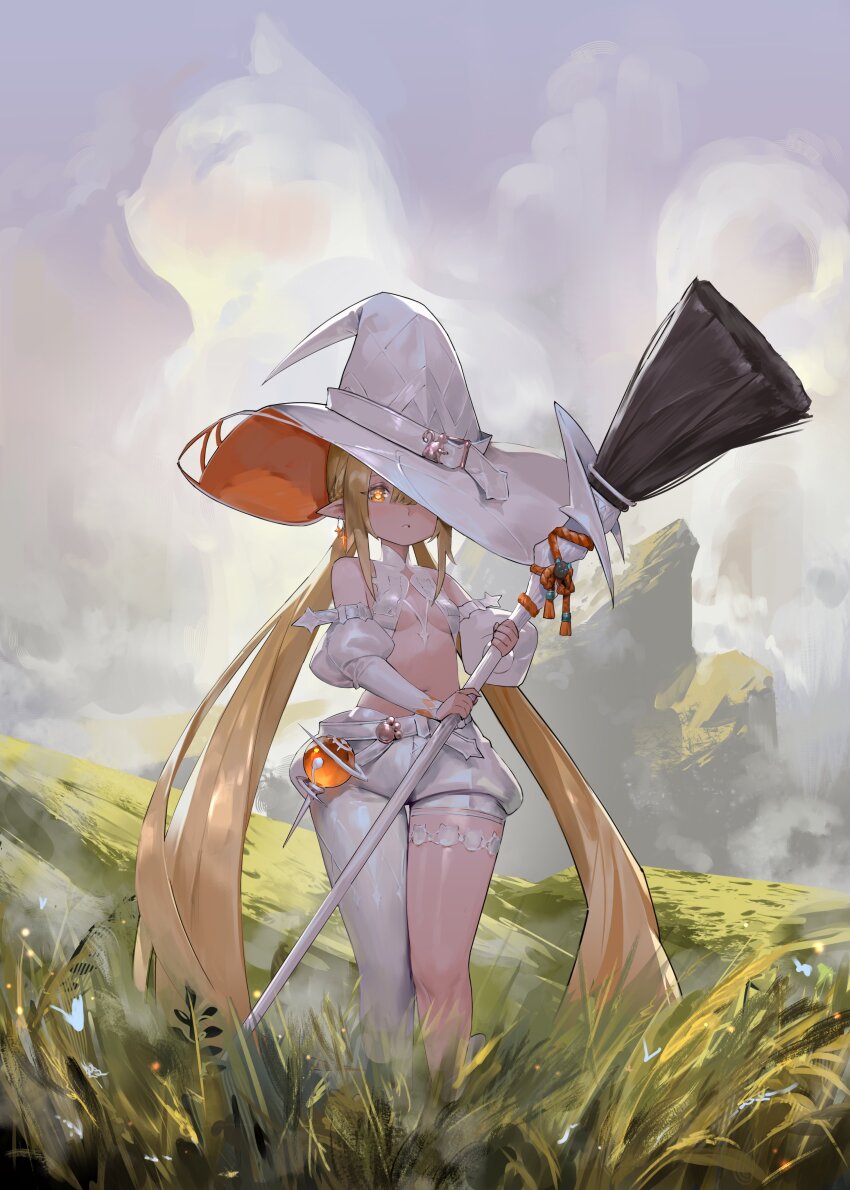 1girl absurdres asymmetrical_pants blonde_hair breasts broom cloud cloudy_sky crystal_ball detached_sleeves earrings grass hat highres holding holding_broom jewelry jung_wonjo large_hat looking_at_viewer navel on_grass orange_eyes original pointy_ears sky small_breasts solo stomach twintails white_hat witch witch_hat