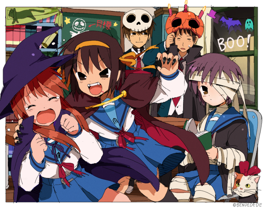 2boys 3girls asahina_mikuru bandages bendedede black_cape black_cardigan black_hair blue_sailor_collar blue_skirt bookshelf brown_eyes brown_hair candle cape cardigan cat fangs grey_hair hairband hat highres kita_high_school_uniform koizumi_itsuki kyon long_hair mask mask_on_head multiple_boys multiple_girls mummy_costume nagato_yuki one_eye_covered orange_hairband sailor_collar school_uniform serafuku shamisen_(suzumiya_haruhi) short_hair skirt skull sos_brigade suzumiya_haruhi suzumiya_haruhi_no_yuuutsu winter_uniform witch_hat