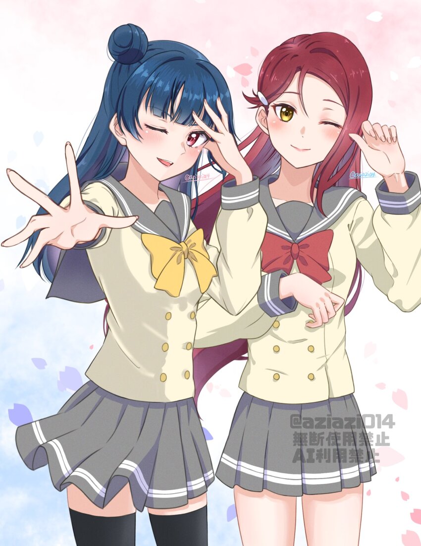 2girls ;) ;d arm_up aziazi014 black_thighhighs blue_hair blunt_bangs blush bow bowtie breasts buttons chuunibyou commentary cowboy_shot double-breasted foreshortening grey_sailor_collar grey_skirt hair_bun hair_ornament hairclip hand_up highres long_hair long_sleeves looking_at_viewer love_live! love_live!_sunshine!! medium_breasts miniskirt multiple_girls one_eye_closed open_hand open_mouth outstretched_arm pleated_skirt red_bow red_bowtie red_eyes red_hair sailor_collar sakurauchi_riko school_uniform serafuku shirt single_side_bun skirt smile thighhighs tsushima_yoshiko uranohoshi_school_uniform watermark white_shirt winter_uniform yellow_bow yellow_bowtie yellow_eyes zettai_ryouiki