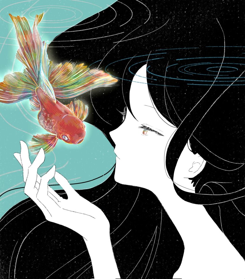 1girl aqua_background black_hair blue_eyes commentary_request faux_traditional_media fish from_side hand_up highres koi long_hair looking_at_animal multicolored_eyes mumugicha222 original portrait red_eyes ripples solo surreal