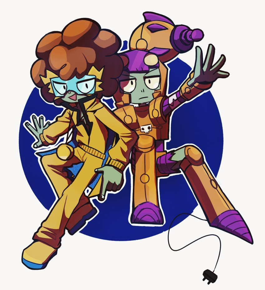 2boys :d afro armor armored_boots back-to-back black_eyes blue-tinted_eyewear blue_background blue_cape boots border brown_hair cape chinese_commentary closed_mouth collared_jacket colored_skin commentary_request electric_boogaloo_(plants_vs._zombies) energy_gun fingernails frown full_body goggles gold_necklace grey_skin helmet highres invisible_chair jacket jewelry jitome knee_boots knees_apart_feet_together looking_at_viewer multiple_boys necklace open_mouth orange_boots outline outside_border outstretched_arm outstretched_hand pants partially_unzipped plants_vs._zombies plants_vs._zombies_heroes ray_gun round_border rustbolt shoes short_hair sitting smile tinted_eyewear two-sided_cape two-sided_fabric v-shaped_eyebrows weapon white_border white_outline xh5_(xinjinjumin348470816236) yellow_cape yellow_jacket yellow_pants yellow_shoes