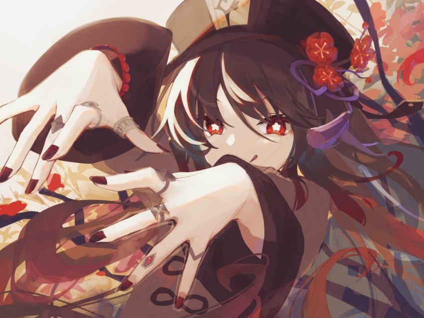 1girl :q black_hat black_nails bracelet brown_hair flower flower-shaped_pupils gameyaruzaurus genshin_impact hair_between_eyes hat hat_flower hu_tao_(genshin_impact) jewelry long_hair long_sleeves looking_at_viewer nail_polish red_eyes red_flower ring solo symbol-shaped_pupils tassel tongue tongue_out upper_body