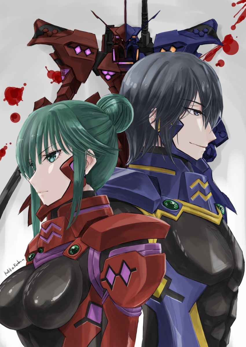 1boy 1girl black_bodysuit black_hair blue_eyes bodysuit breasts covered_abs fortified_suit green_eyes green_hair hair_behind_ear hair_bun highres ikaruga_takatsugu impossible_bodysuit impossible_clothes jun_(rellik_&amp;_redrum) mecha mecha_pilot_suit medium_breasts muv-luv muv-luv_alternative pectorals pilot_suit pink_eyes robot single_hair_bun skin_tight smile split_theme tactical_surface_fighter tsukuyomi_mana type_00_takemikazuchi