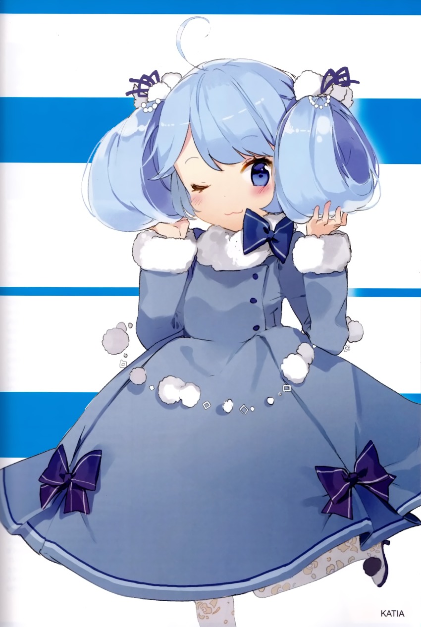 1girl :3 absurdres ahoge anmi blue_background blue_dress blue_eyes blue_hair blush bow character_name dress fantasista_doll female_focus fur_trim hair_ribbon hands_up high_heels highres katia_(fantasista_doll) long_sleeves looking_at_viewer one_eye_closed pantyhose purple_bow purple_ribbon ribbon scan smile solo standing standing_on_one_leg striped_background twintails
