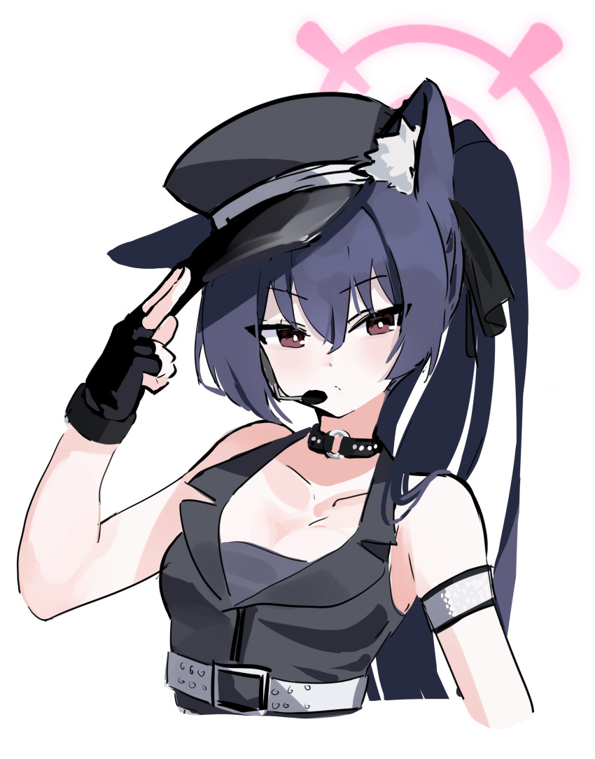 1girl :/ absurdres animal_ear_fluff animal_ears bare_shoulders belt black_choker black_gloves black_hair black_hat black_vest blue_archive blush bright_pupils brown_eyes cat_ears choker closed_mouth collarbone commentary_request extra_ears fingerless_gloves frown gloves halo hat headset highres idol idol_clothes korean_commentary long_hair looking_at_viewer mr.lazy official_alternate_costume official_alternate_hairstyle peaked_cap pink_halo ponytail salute serika_(blue_archive) serika_(idol)_(blue_archive) simple_background sleeveless solo two-finger_salute upper_body v-shaped_eyebrows vest white_background white_belt white_pupils