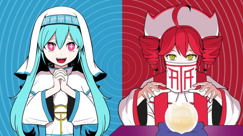2girls ahoge aqua_hair drill_hair hair_between_eyes hair_ornament hatsune_miku highres holding holding_pocket_watch hypnosis kasane_teto long_hair long_sleeves mind_control mouth_veil multiple_girls nun own_hands_together pinocchio-p pocket_watch red_eyes red_hair ringed_eyes smile synthesizer_v t-shi_no_hanashi_wo_shinjiru_na_(vocaloid) utau veil vocaloid watch yellow_eyes