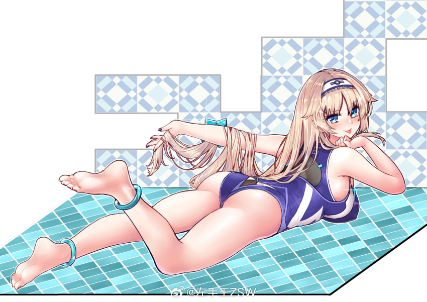 1girl :p anklet ass barefoot blonde_hair blue_eyes bracelet breasts competition_swimsuit enterprise_(warship_girls_r) feet full_body hair_flaps hairband jewelry large_breasts long_hair looking_at_viewer lying nail_polish on_stomach one-piece_swimsuit smile soles solo swimsuit toes tongue tongue_out warship_girls_r watermark weibo_watermark z.s.w.