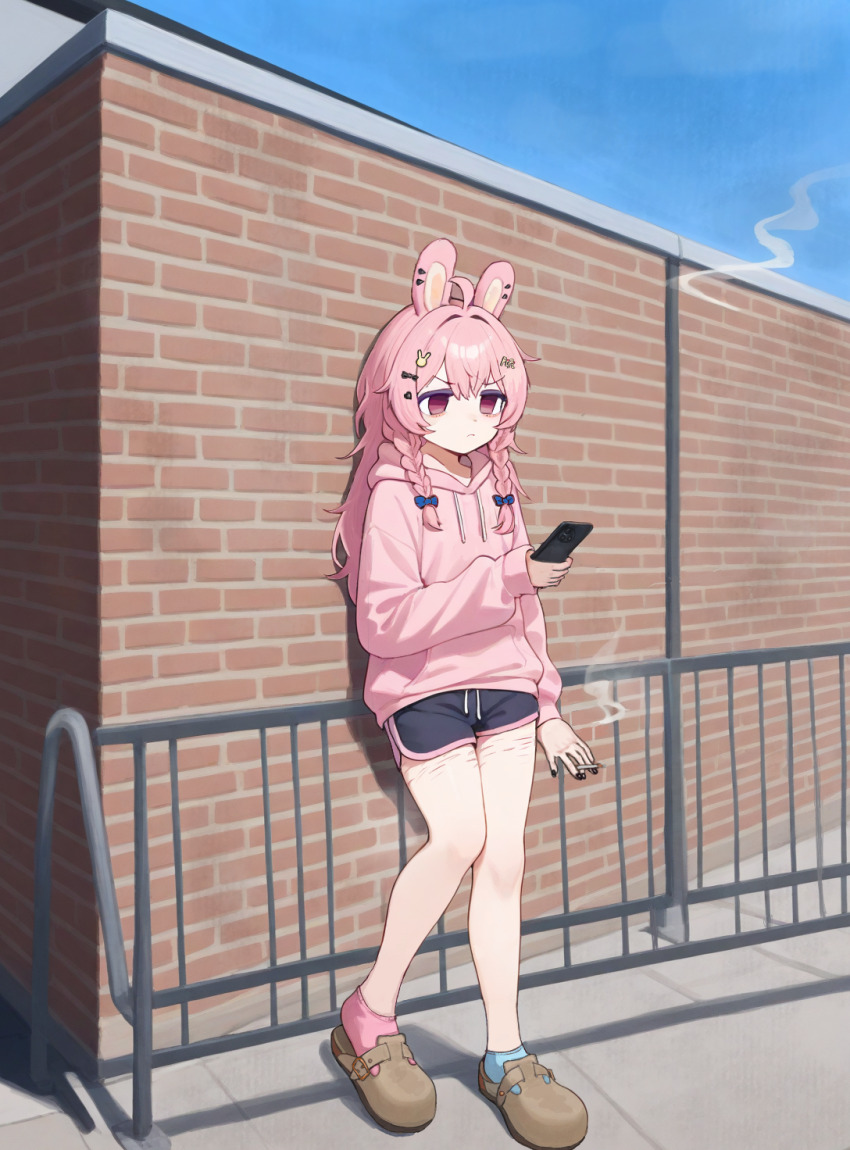 1girl aegyo_sal against_railing ai-assisted alternate_costume ankle_socks artist_request asymmetrical_legwear bare_legs bicycle_rack black_nails braid brick_wall clogs dolphin_shorts eyeshadow highres holding holding_phone hood hoodie ibispaint_(medium) looking_at_phone makeup mismatched_legwear no_pupils outdoors phase_connect phone pink_eyes pink_hair pink_hoodie pipkin_pippa rabbit_ears rabbit_girl railing scowl self-harm_scar self-upload short_shorts shorts sidewalk slippers smoking socks spiked_ear_piercing standing thighs twin_braids virtual_youtuber