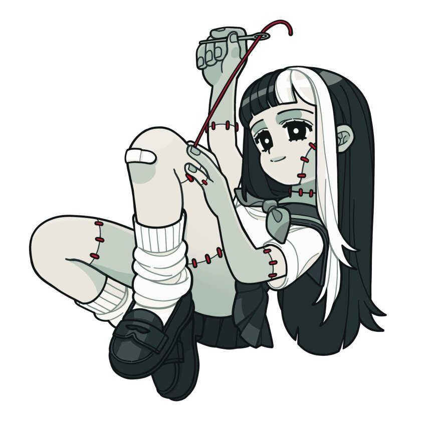 bandaid bandaid_on_knee bandaid_on_leg black_eyes black_hair black_shoes blunt_bangs highres long_hair loose_socks original patchwork_skin school_uniform serafuku shoes smile socks soniastegemann stitched_arm stitched_face stitched_leg stitched_neck stitches white_hair