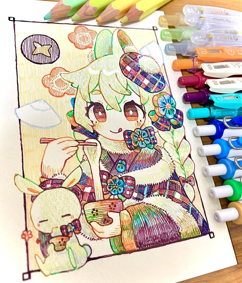1girl :q animal_ear_fluff animal_ears art_tools_in_frame blue_flower bow bowl braid bright_pupils brown_hat capelet check_headwear chopsticks closed_mouth colored_pencil_(medium) commentary_request crossed_bangs eating floral_background flower food fur-trimmed_capelet fur_trim green_hair hair_bow hair_flower hair_ornament hands_up hat hatching_(texture) headwear_request highres holding holding_bowl holding_chopsticks japanese_clothes kimono long_hair long_sleeves mochi mochi_trail orange_eyes original photo_(medium) pink_bow piyoko9494 pom_pom_(clothes) rabbit rabbit_ears rabbit_pin red_bow smile solo tam_o&#039;_shanter tongue tongue_out traditional_media twin_braids upper_body white_pupils wide_sleeves zouni_soup