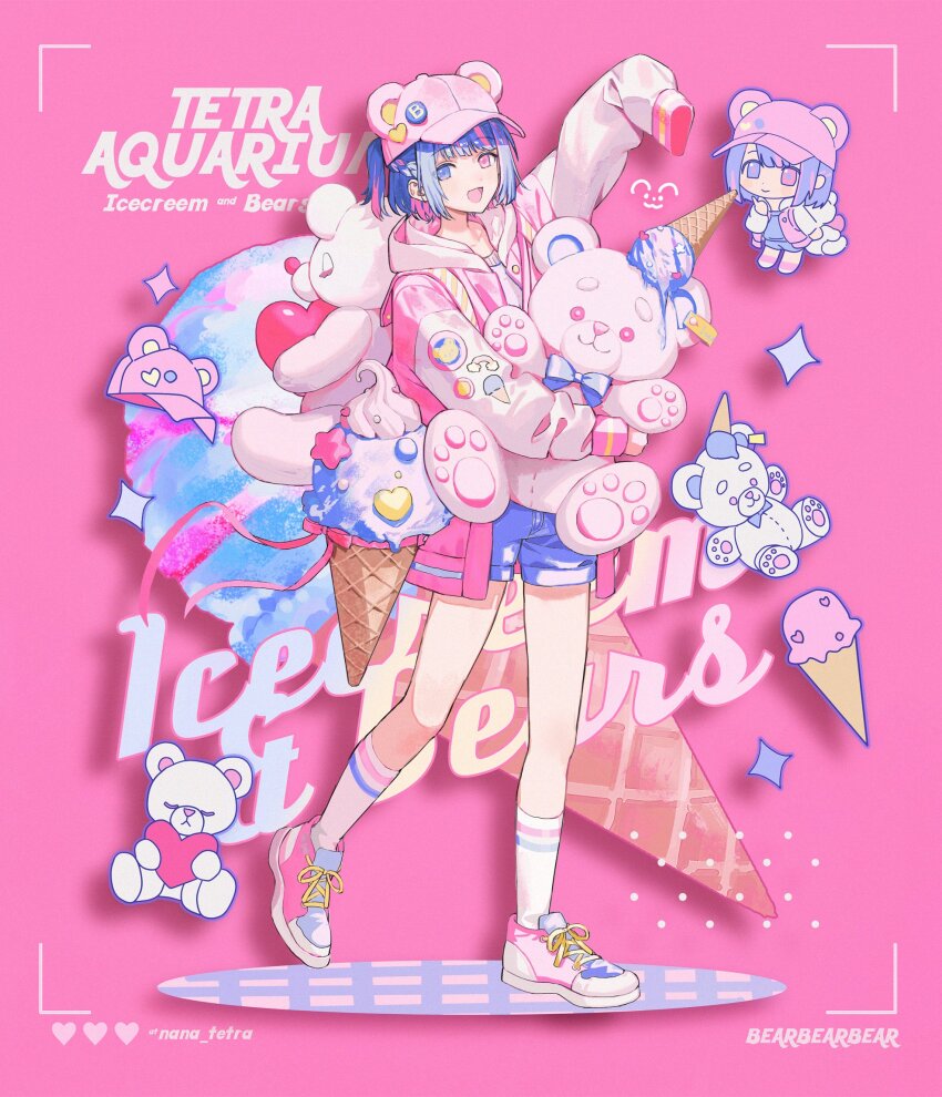 1girl arm_up blue_eyes blue_hair blue_shorts blunt_bangs braid colored_inner_hair commentary english_commentary english_text food full_body hat hat_with_ears heterochromia highres holding_teddy_bear hood hooded_jacket ice_cream jacket long_hair multicolored_hair nana_tetra original pink_background pink_eyes pink_hair pink_hat pink_jacket pink_shirt shirt shoes short_hair short_shorts shorts sneakers socks solo standing twintails two-tone_hair very_long_hair white_socks