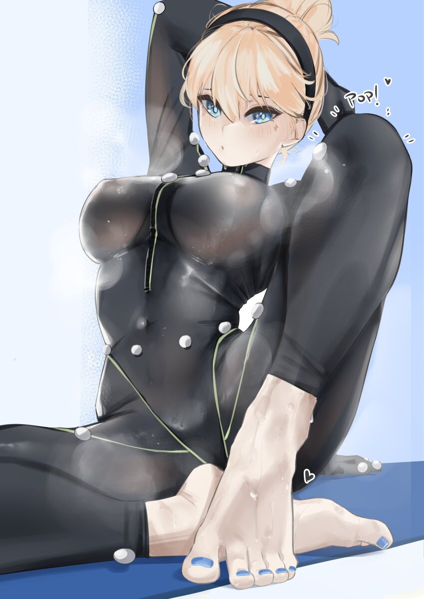 1girl absurdres arm_behind_back arm_support arm_up barefoot black_bodysuit black_hairband blonde_hair blue_background blue_eyes blue_nails blush bodysuit breasts covered_erect_nipples feet full_body hair_between_eyes hairband heel_up highres impossible_clothes kaneko_lumi knee_up large_breasts legs looking_at_viewer nail_polish on_ground phase_connect pupi_(rain_prophet) sitting smell solo sound_effects steaming_body sweat toenail_polish toenails toes virtual_youtuber wet wet_clothes