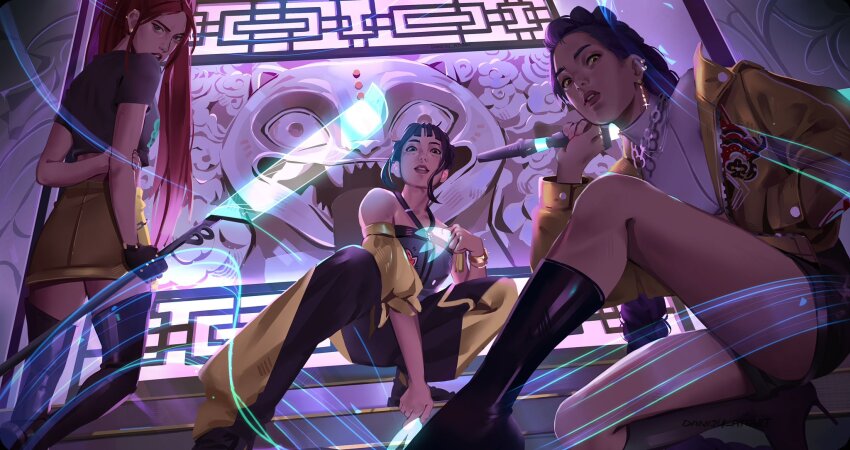 3girls black_boots black_hair blunt_bangs boots commentary_request daniju derpy_(kpop_demon_hunters) double_bun earrings fingerless_gloves gloves hair_bun halterneck high_heels highres holding jacket jewelry kpop_demon_hunters long_hair looking_at_viewer looking_back mira_(kpop_demon_hunters) multiple_girls parted_lips pink_hair purple_hair rumi_(kpop_demon_hunters) sidelocks squatting thigh_boots turtleneck zoey_(kpop_demon_hunters)