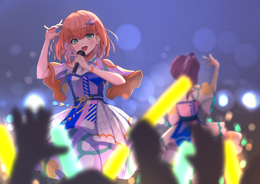 2girls :d absurdres aqua_eyes arm_up audience blue_dress blurry blush bokeh clothing_cutout commentary_request crossed_bangs depth_of_field dress genyo_yako glowstick hair_ornament hairclip highres hinoshita_kaho holding holding_microphone light_particles link!_like!_love_live! long_hair love_live! marishiten_(mar1sh110) medium_hair microphone multicolored_dress multiple_girls open_mouth orange_hair otomune_kozue partial_commentary penlight_(glowstick) pink_dress purple_hair short_sleeves shoulder_cutout side_ponytail smile solo_focus teeth two_side_up upper_teeth_only virtual_youtuber white_dress