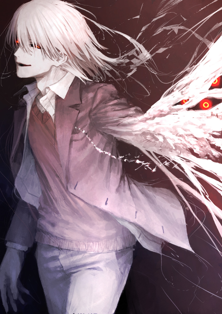 1boy albino black_sclera collared_shirt colored_sclera colored_skin dark_matter_(kakine_teitoku) doya_(doya_oekaki) eldritch_abomination extra_eyes fingernails glowing glowing_eyes highres jacket kakine_teitoku kakine_teitoku_(post-revival) long_sleeves male_focus medium_hair open_mouth red_eyes shirt solo sweater_vest toaru_majutsu_no_index toaru_majutsu_no_index:_new_testament transformation white_hair white_skin