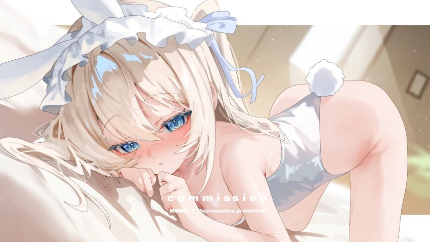animal_ears ass blonde_hair blue_eyes breasts character_request commission copyright_request expressionless frilled_hairband frills hair_between_eyes hairband highres kakuma_aru leotard light_rays playboy_bunny rabbit_ears rabbit_tail skeb_commission sunbeam sunlight tail thighs top-down_bottom-up white_leotard