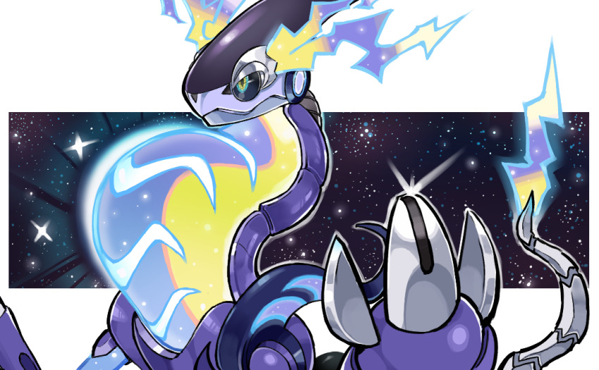 black_sclera blue_eyes claws closed_mouth colored_sclera colored_skin electricity game_freak hyou_(hyouga617) joints metal metal_skin miraidon neon_lights night night_sky nintendo no_humans non-humanoid_robot pixel_eyes pokemon pokemon_(creature) purple_skin robot robot_animal robot_dragon robot_joints sky space star_(sky)