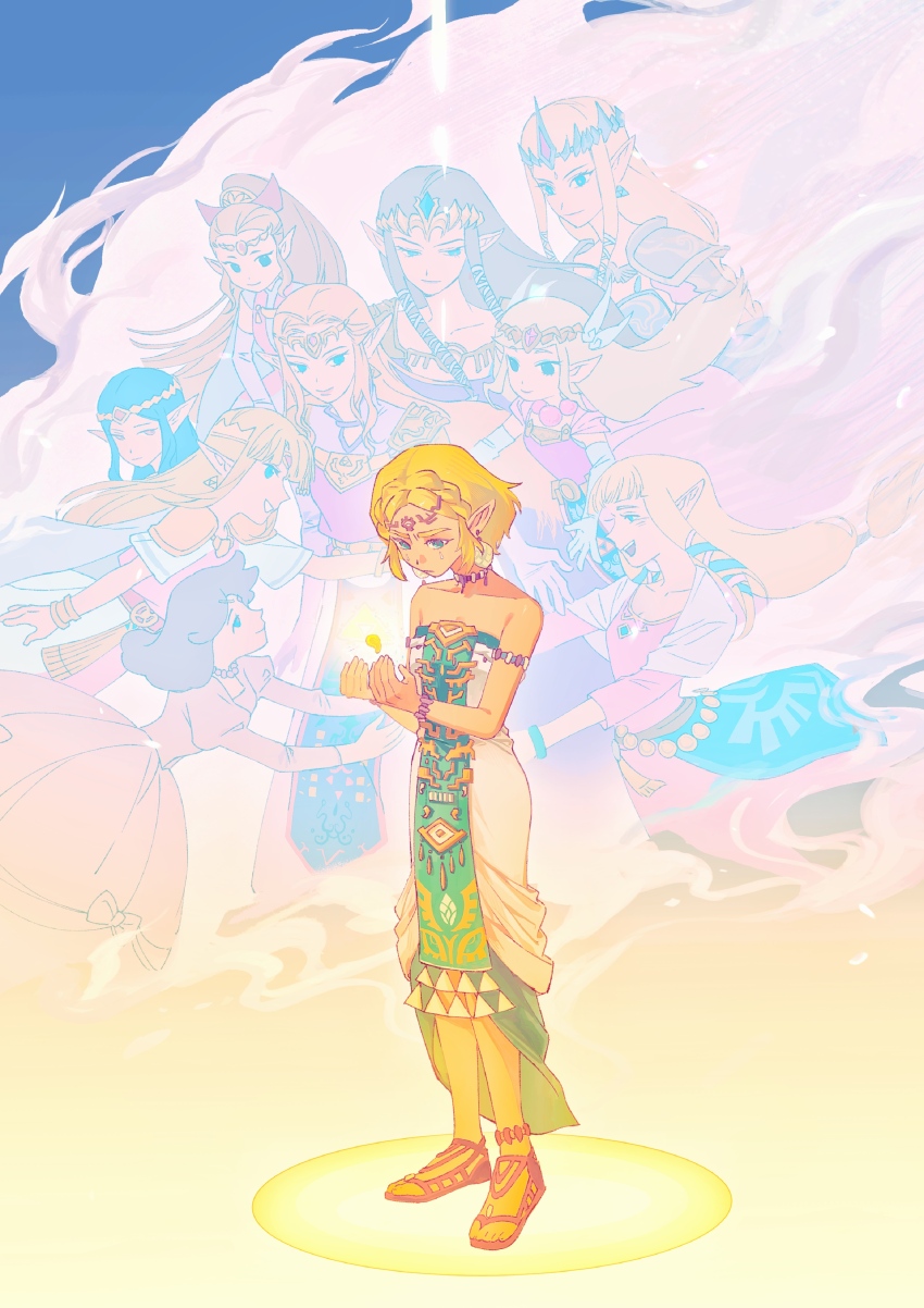 6+girls absurdres armor blonde_hair braid brown_hair cape crown_braid dress glowing highres hyrule_warriors long_hair low-tied_long_hair multiple_girls multiple_persona nintendo pink_dress pointy_ears ponytail princess_hilda princess_zelda sandals shoulder_armor the_legend_of_zelda the_legend_of_zelda:_a_link_between_worlds the_legend_of_zelda:_a_link_to_the_past the_legend_of_zelda:_four_swords the_legend_of_zelda:_ocarina_of_time the_legend_of_zelda:_skyward_sword the_legend_of_zelda:_tears_of_the_kingdom the_legend_of_zelda:_the_wind_waker the_legend_of_zelda:_twilight_princess the_legend_of_zelda_(nes) tiara toon_zelda white_dress yushx31