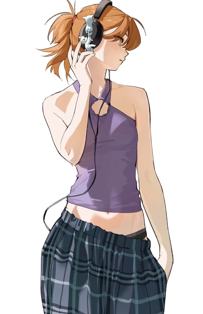 1girl absurdres bare_shoulders black_panties hand_in_pocket headphones high_ponytail highres kimura_731 looking_to_the_side midriff_peek orange_hair original panties pants ponytail simple_background solo underwear white_background