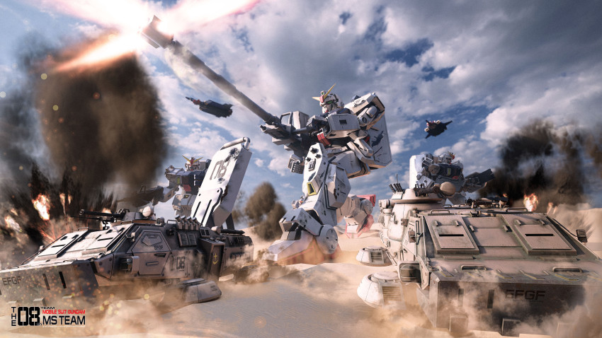 absurdres aircraft armored_personnel_carrier armored_vehicle army battle blue_sky cannon character_name cloud commentary dust english_commentary english_text explosion firing flying ground_gundam gundam gundam_08th_ms_team highres hovercraft michaellee4 military military_vehicle mobile_suit motor_vehicle realistic science_fiction shield sky smoke tank title type_74_(gundam) war watercraft