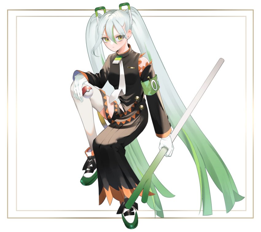 1boy armband azuki_anko closed_mouth commentary_request fighting_miku_(project_voltage) framed gloves green_shoes hair_between_eyes hair_ornament hatsune_miku highres holding holding_poke_ball leg_up long_hair looking_at_viewer male_focus multicolored_shoes necktie nintendo orange_shoes poke_ball poke_ball_(basic) pokemon project_voltage shoes simple_background solo spring_onion twintails vocaloid white_background white_gloves white_necktie white_shoes yellow_eyes