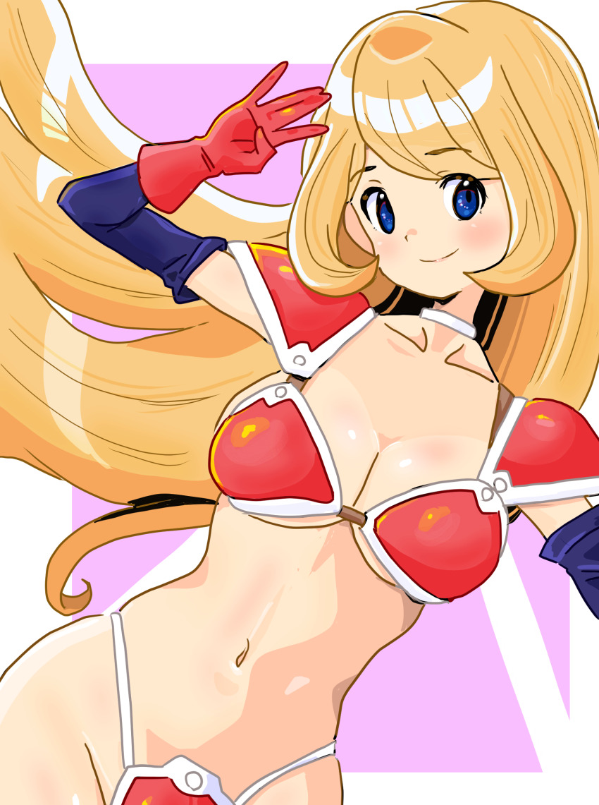1girl armor bikini bikini_armor blonde_hair blue_eyes breasts cleavage cosplay detesu dragon_quest gloves highres large_breasts legs long_hair looking_at_viewer mario_(series) mona_(warioware) navel nintendo smile solo swimsuit thighs thong_bikini warioware warrior_(dq3) warrior_(dq3)_(cosplay)